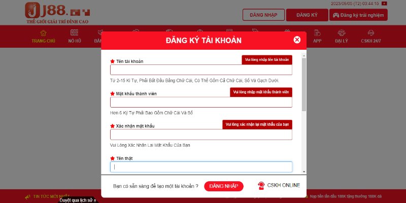 Người chơi đăng ký các thông tin nhà cái J88 yêu cầu